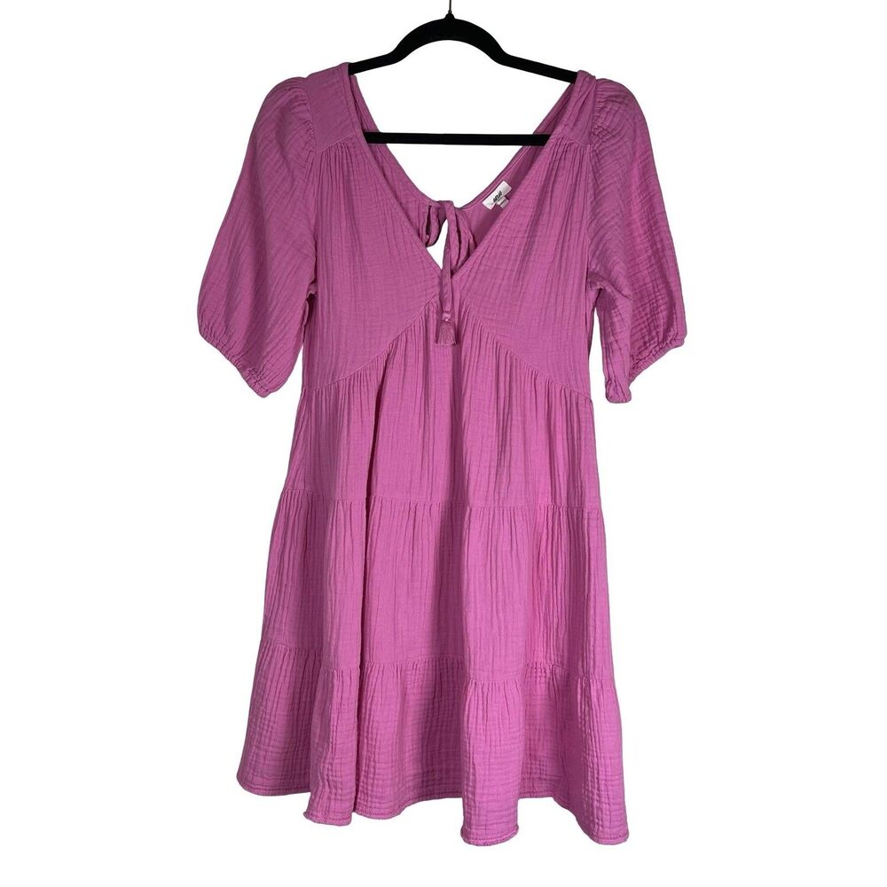 Aerie Mini Dress Womens Small 100% Cotton Pink Gauze Tiered Babydoll V Neck